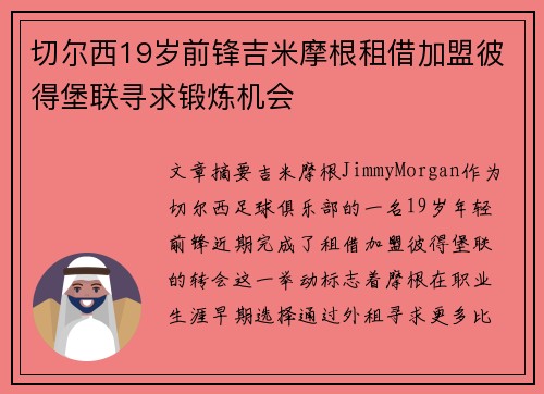 切尔西19岁前锋吉米摩根租借加盟彼得堡联寻求锻炼机会